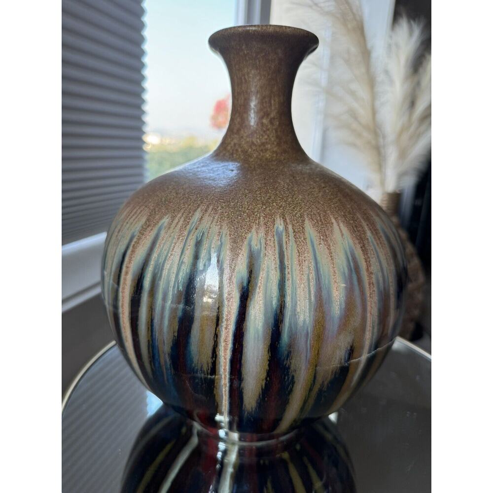 Handmade Vtg Pottery Vase Drip Glaze Signed 12” BEAUTIFUL Burgundy Blue Cream